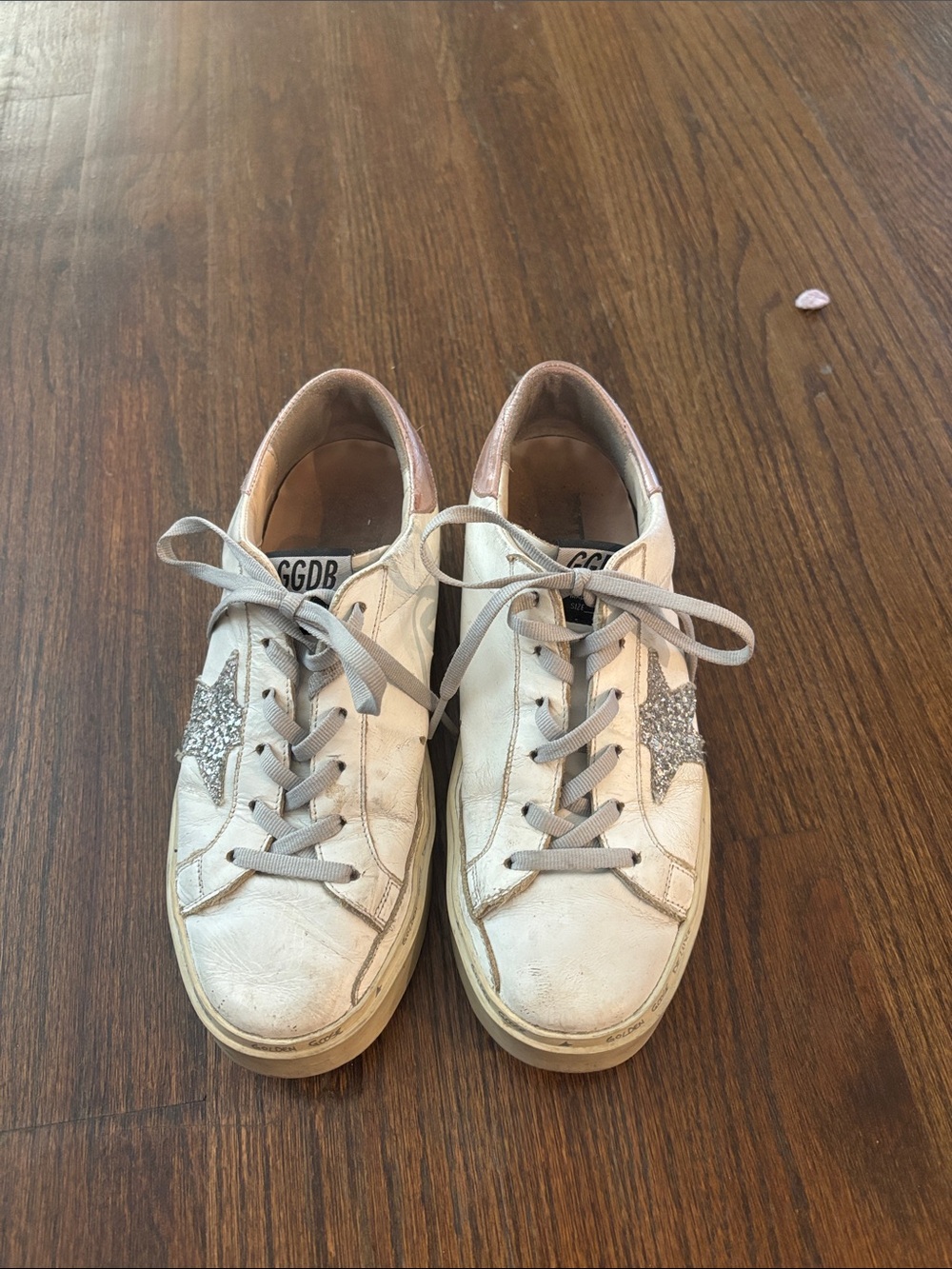 Golden Goose White Leather Low-Top Sneakers with Silver Glitter Star